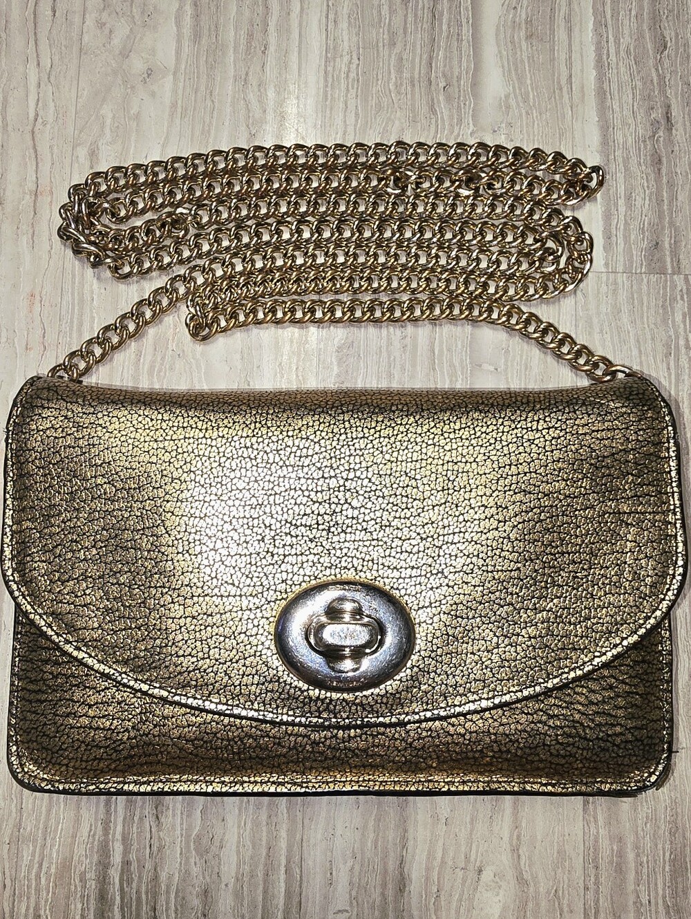 Coach Metallic Gold Leather Chain Wallet Crossbody Bag with Turn-Lock Closure